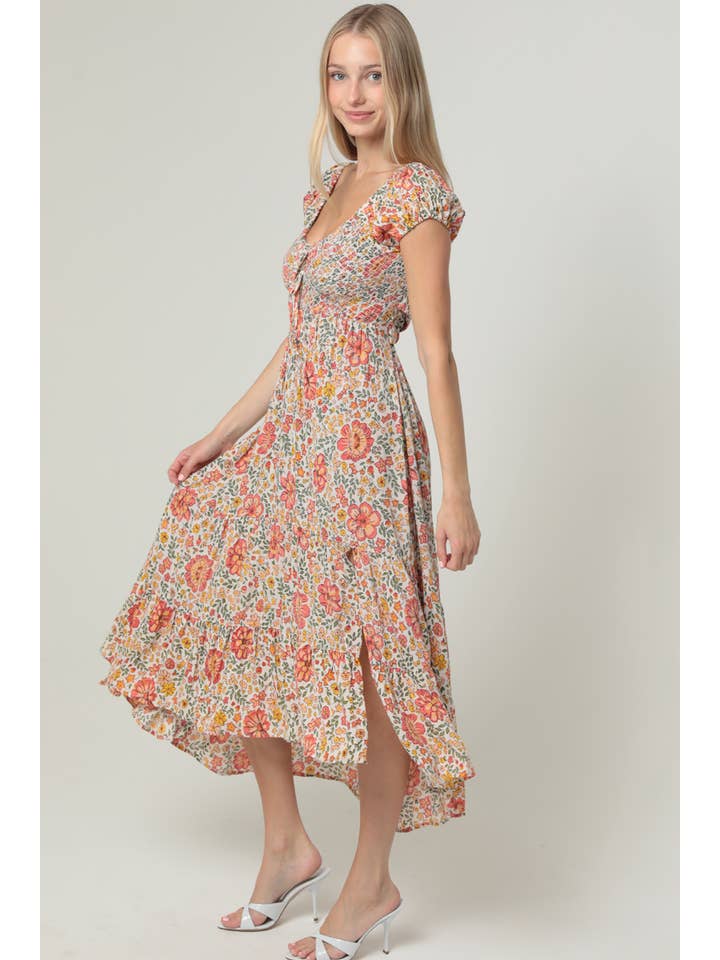 ANGIE - Wholesale Dress - Women's - F4K79-WA34 CAP SLEEVE WITH TIE FRONT AND SMOCKED BODICE