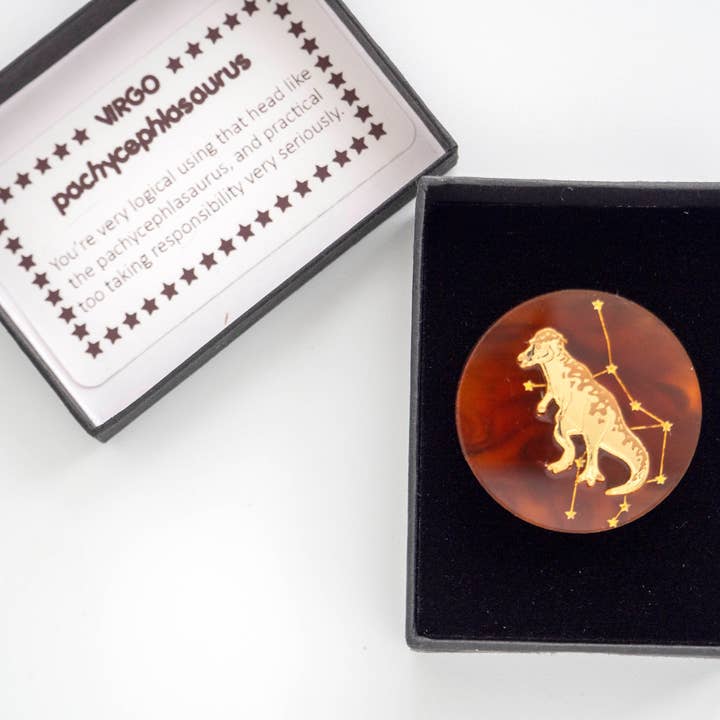 VIRGO pachycephalosaurus dinosaur zodiac horoscope brooch for wholesale by designosaur