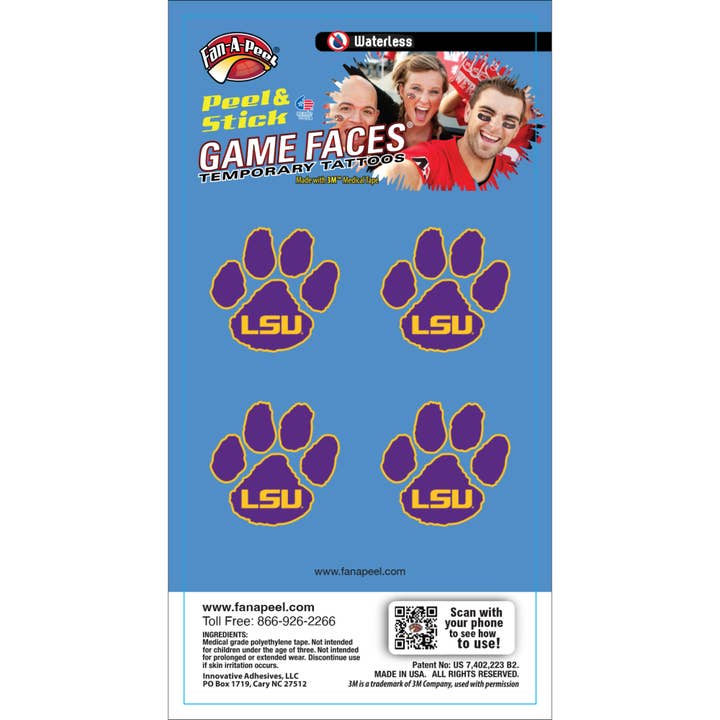 Tatuajes temporales LSU Game Faces® para venta al por mayor de Fanapeel / Gamefaces