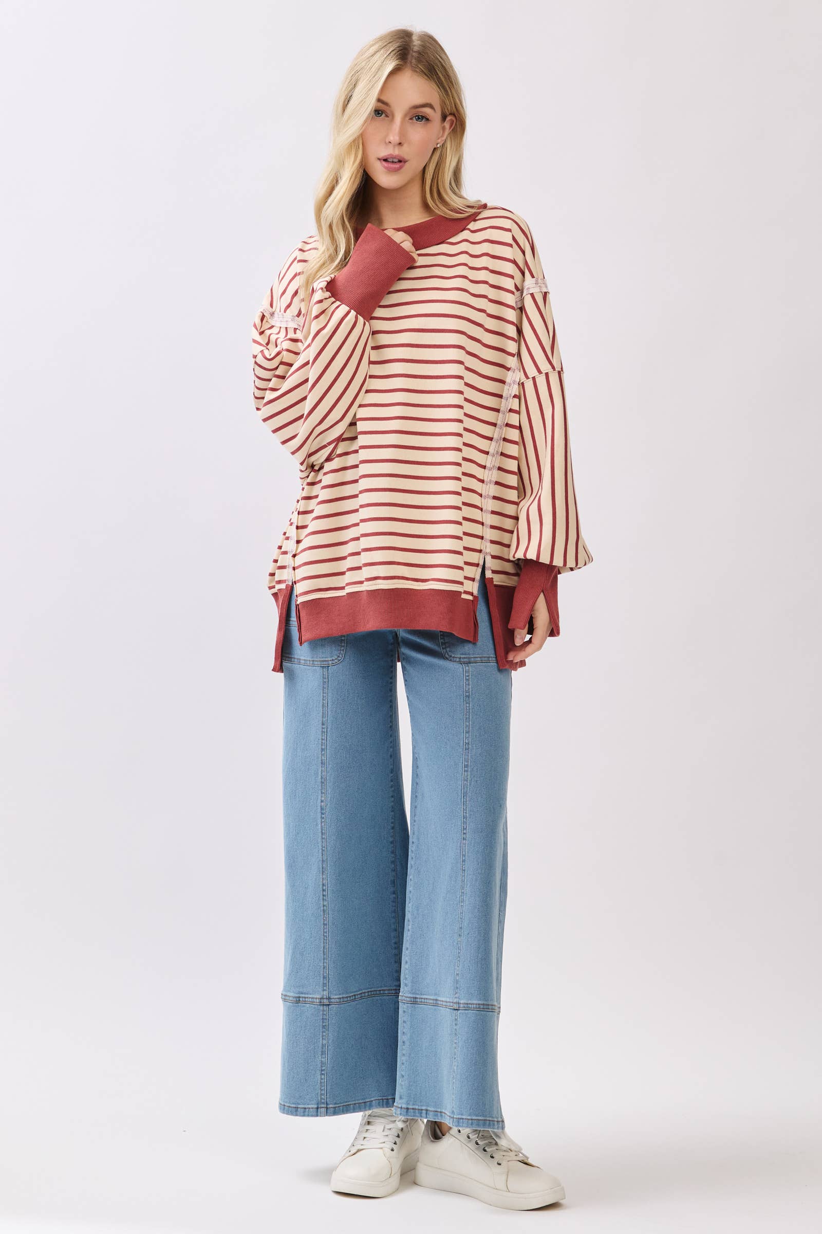 Sewn and Seen - Wholesale Sweatshirt - Women's - Striped Balloon Sleeve Terry Sweatshirt13