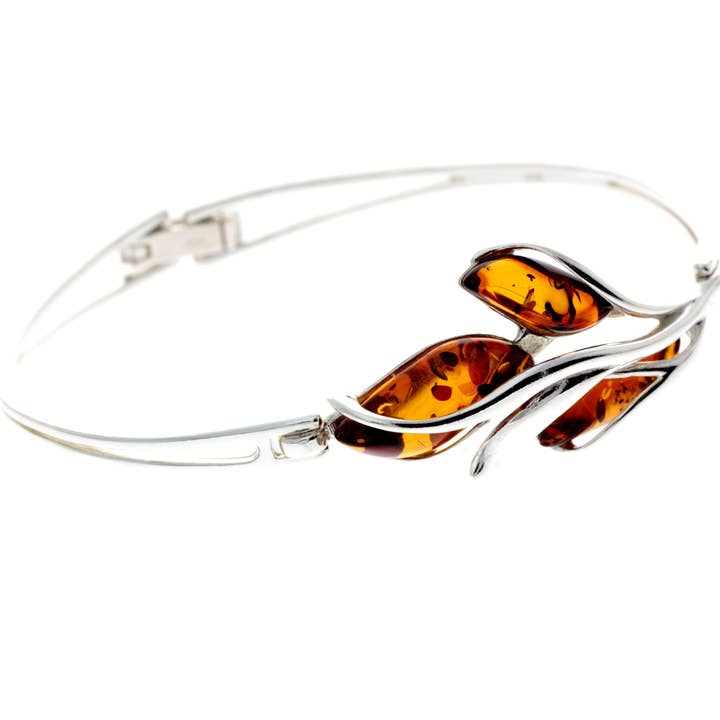 925 Sterling Silver & Baltic Amber 3 Stone Modern Bangle - GL548 for wholesale by SilverAmber Jewellery