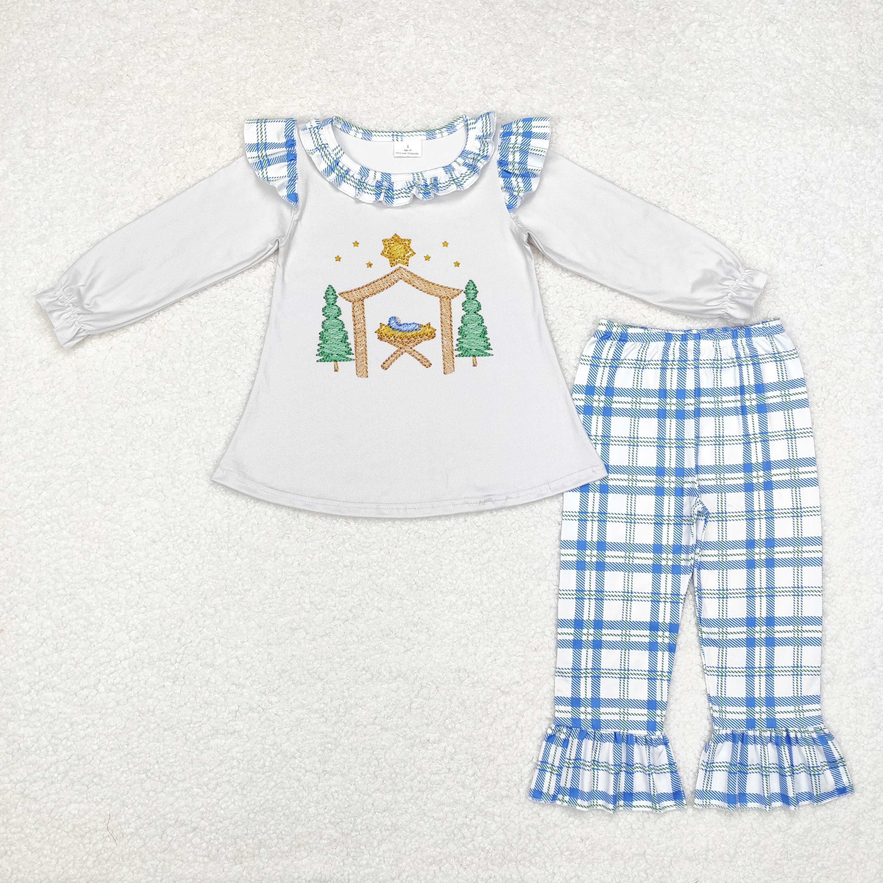 Aier Wholesale - Vente Ensemble haut et pantalon – enfant - Ensemble de vêtements de Noël pour bébés filles avec manches longues à volants, tunique et pantalon avec motifs de Père Noël, pain d'épice et sapins.7