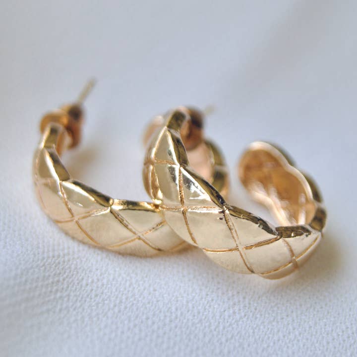 Textured Gold-Tone Quilted Pattern Chunky Hoop Earrings for wholesale by EAST INDIA IMPORTS