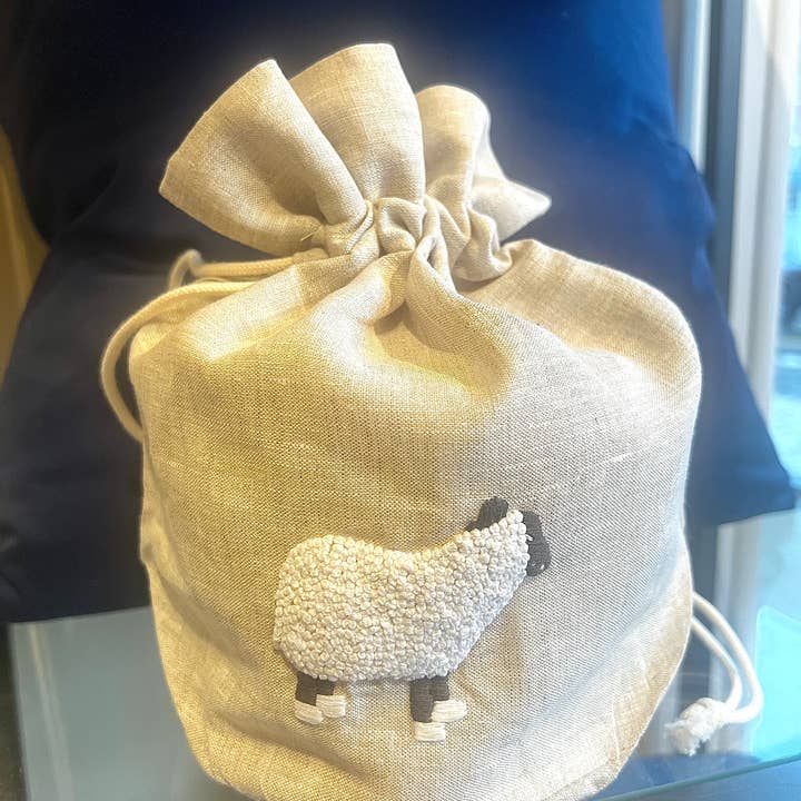 "Botanicals" Lg Drawstring Bag, hand embroidered linen for wholesale by Wooven