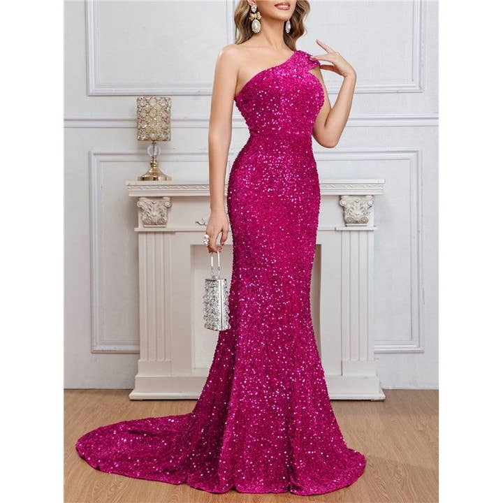 ROSE RED Solid Color One-Shoulder Sleeveless Sequin Backless Train Maxi Dress Gown for wholesale on Faire