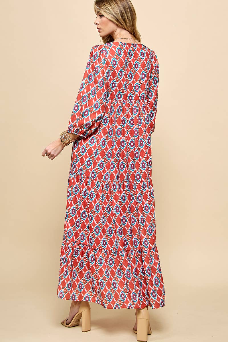 Cezele - Wholesale Dress - Women's - 3/4 Lantern Sleeve Print Boho Maxi Dress8