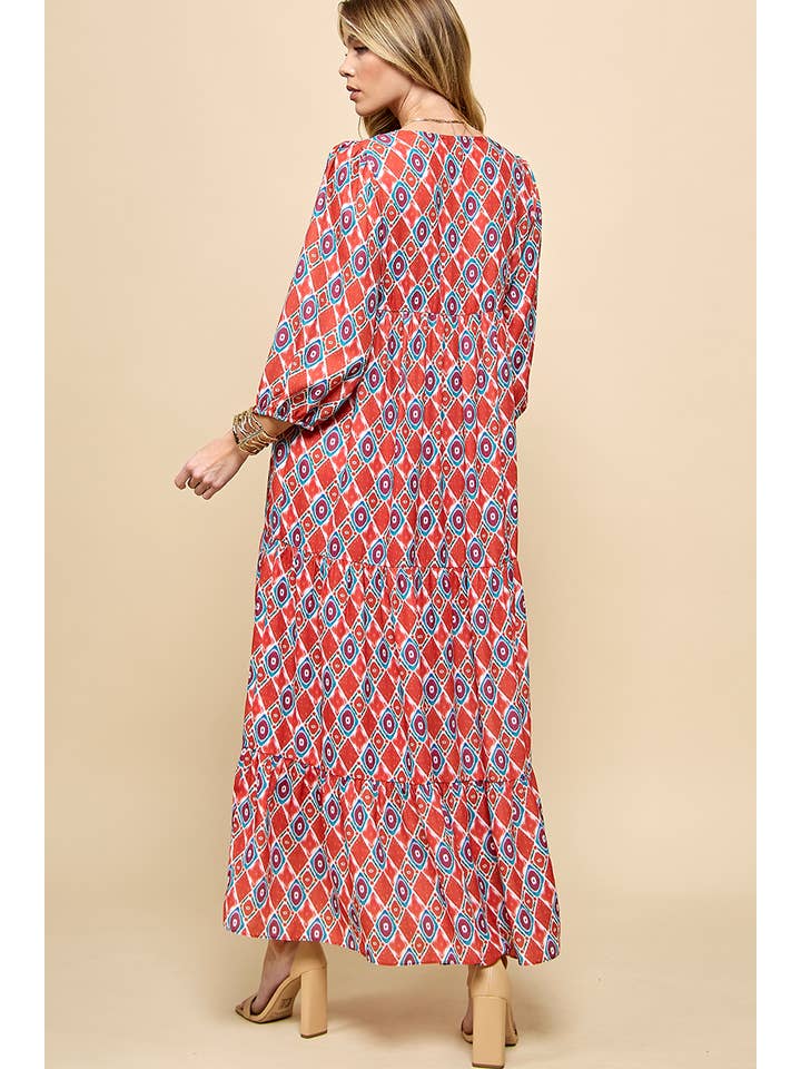 Cezele - Wholesale Dress - Women's - 3/4 Lantern Sleeve Print Boho Maxi Dress8