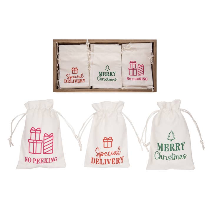 Canvas Drawstring Gift Pouches 3 Christmas Designs for wholesale by Transpac
