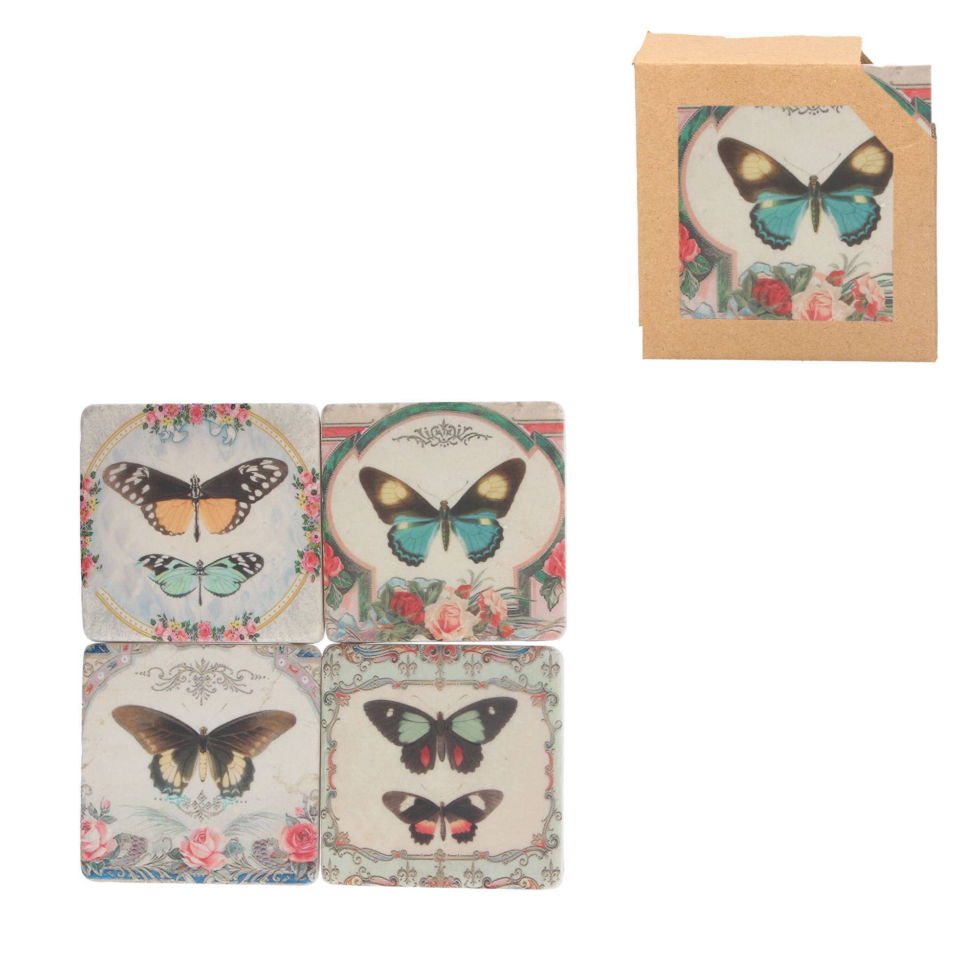 Silver Tree Home & Holiday - Wholesale Coasters - GE66505: Set of 4 Butterflies Resin Coasters 4x4in0