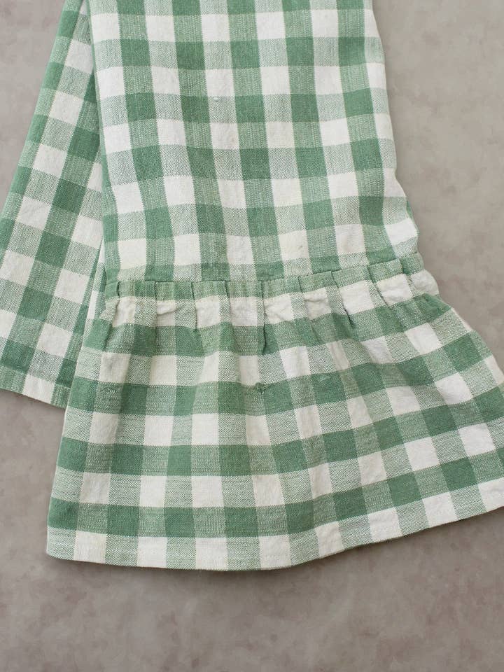 Moss Ruffled Gingham Dish Towel for wholesale by Galley and Fen