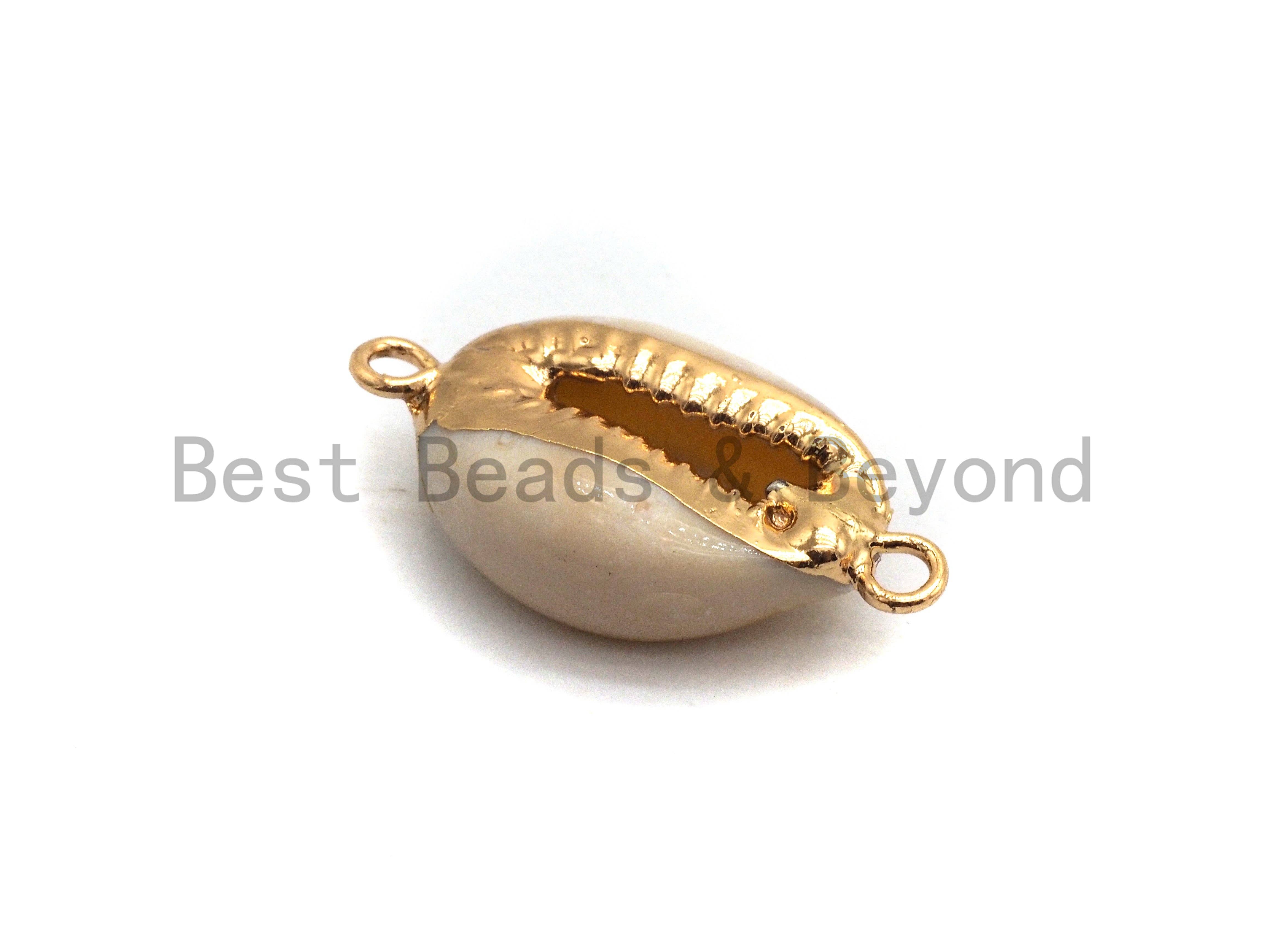 BestBeads&Beyond - Wholesale Individual Charm/Pendant - Gold Plated Cowrie Shell Connector, Double Bails Cowrie, Cowrie Charms, Gold Cowrie, Cowrie Necklace, Boho Charm, 12x24mm, Sku#V384
