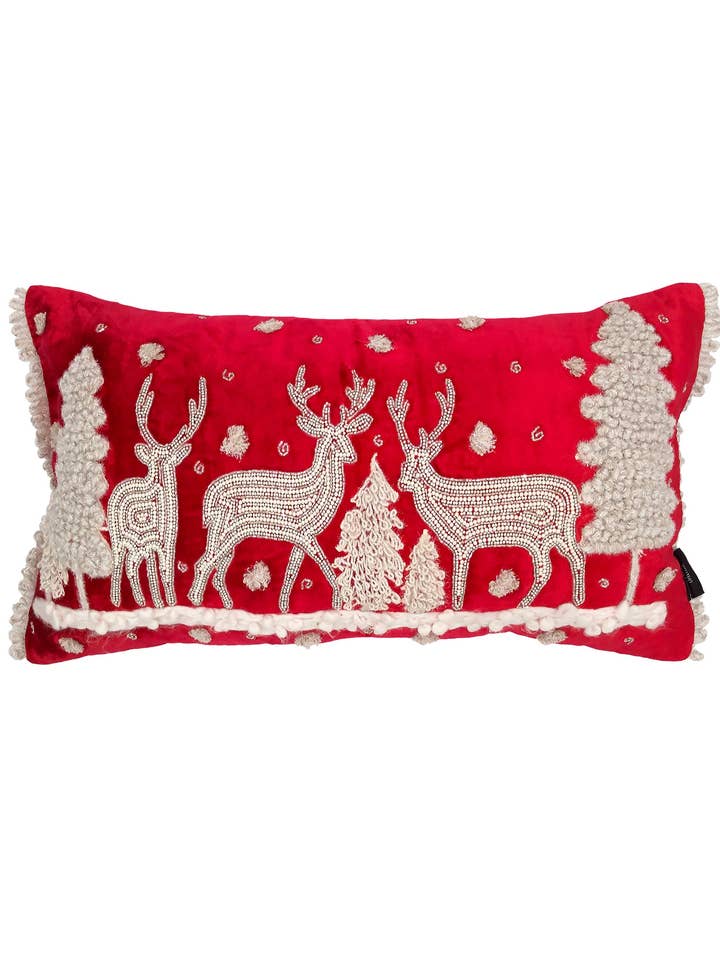 14" x 26" Reindeer Embroidery Beaded Christmas Pillow, Red for wholesale by Mod Lifestyles