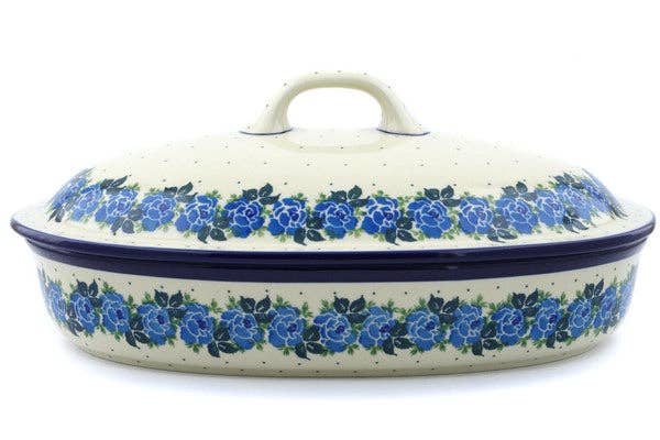 Polmedia Polish Pottery - Wholesale Baking Dish - Baker with Cover 14" Blue Rose Theme1