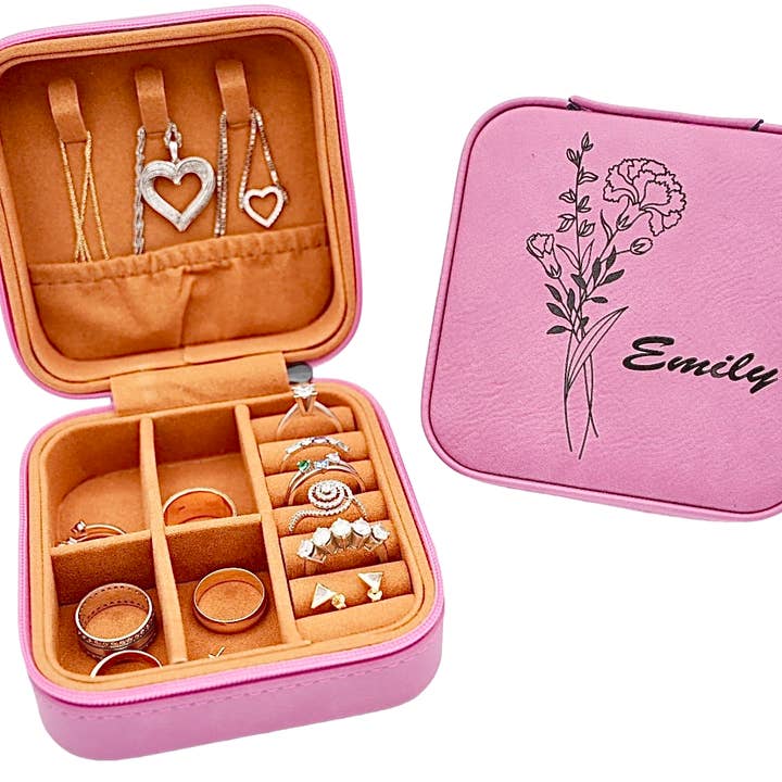 American Leather Goods - Wholesale Jewelry Box/Organizer - Leather Jewelry Case Birth Month Flower Engraved Jewelry Box3