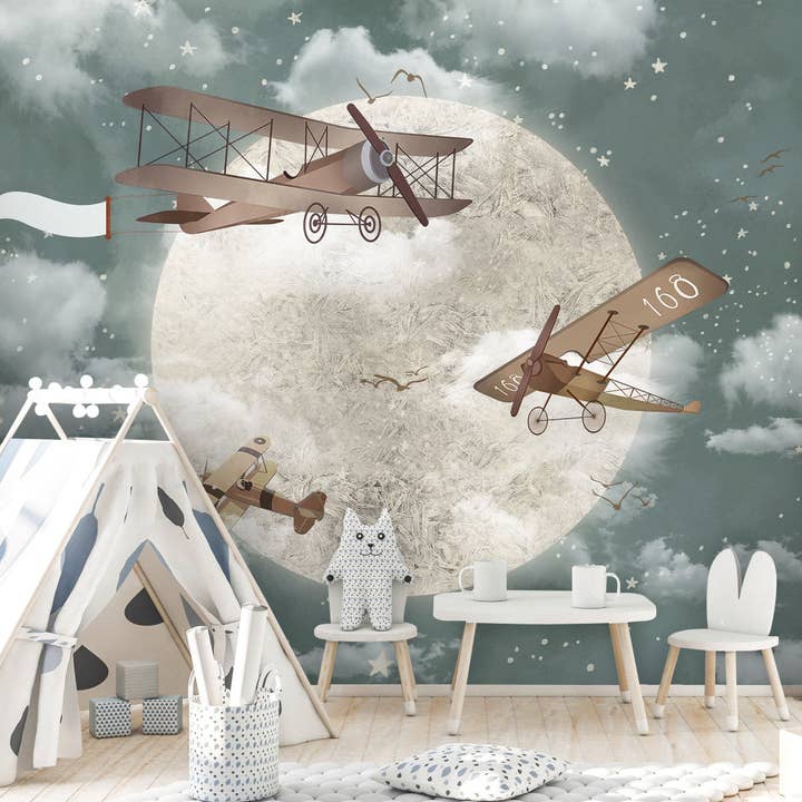 Airplanes in the sky children's room wallpaper for wholesale by Les Panoramiques