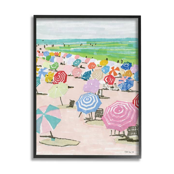 Stupell Industries - Wholesale Art Print - Pastel Umbrella Filled Beach Watercolor Landscape Framed