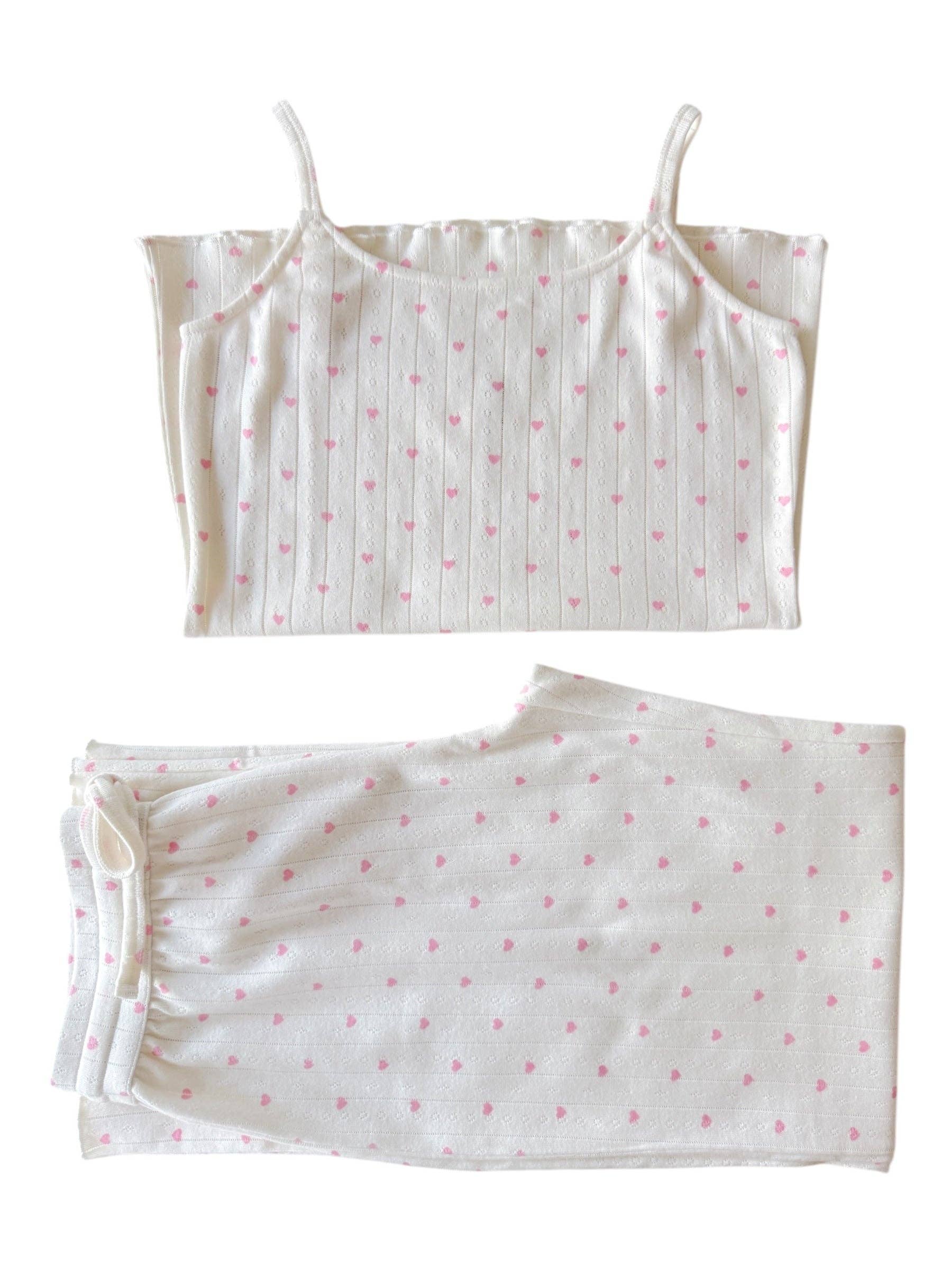 SIIX Collection - Wholesale Lounge Set - Women's - White with Pink Heart / Organic Pointelle Women's Cami Lounge Set1
