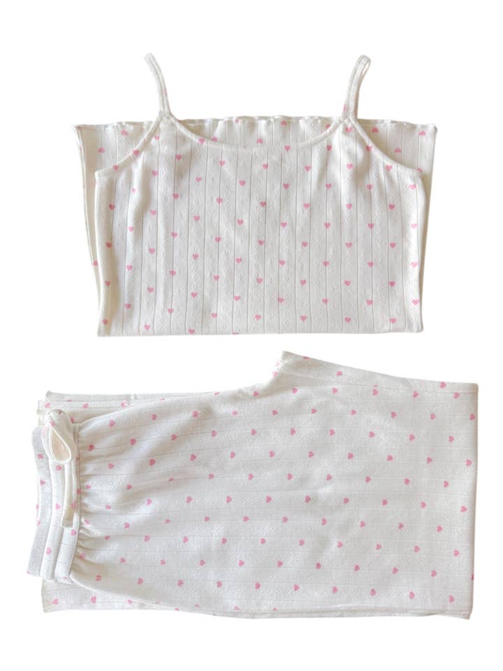 SIIX Collection - Wholesale Lounge Set - Women's - White with Pink Heart / Organic Pointelle Women's Cami Lounge Set1