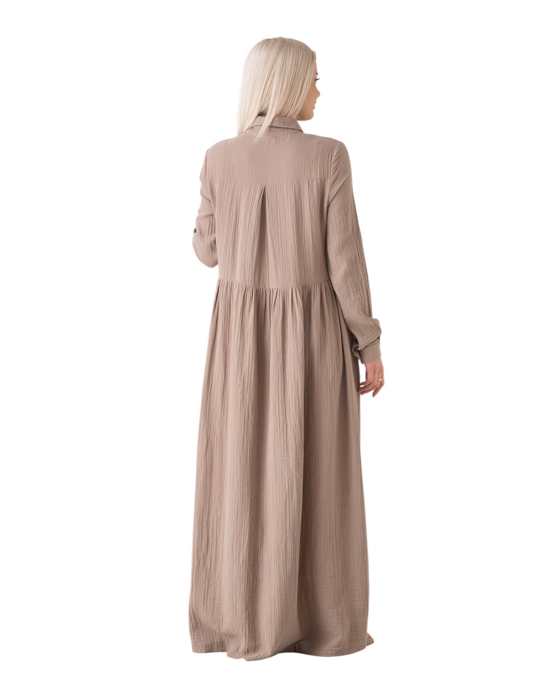 WENOR - Vente Robe – femme - Robe d'été longue en mousseline 100 % coton avec patte de boutonnage, 145 cm3