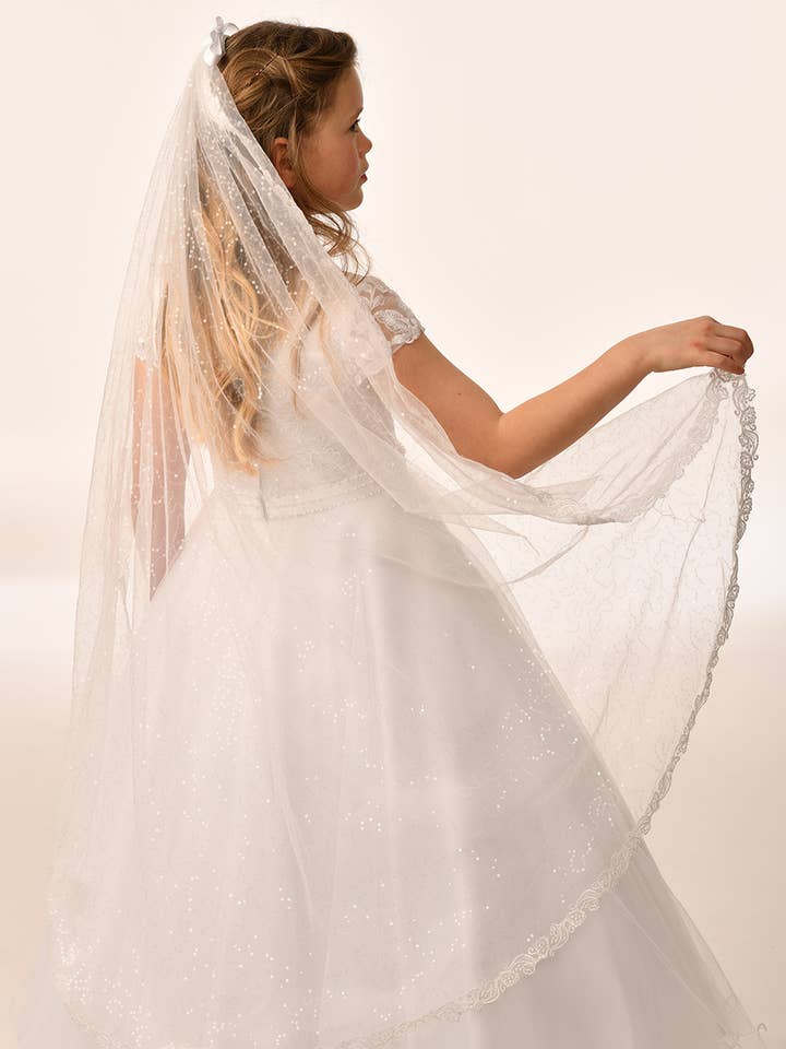 Velo de comunión de lentejuelas con ribete de encaje (Veil4038) para venta al por mayor de Sweetie Pie Collection