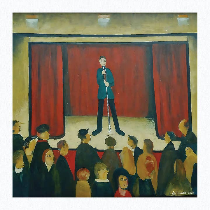 Stand Up Comedian - Giclée Art Print 21cm Square. Entertaining Image in the Style Of LS Lowry for wholesale by AI Lowry