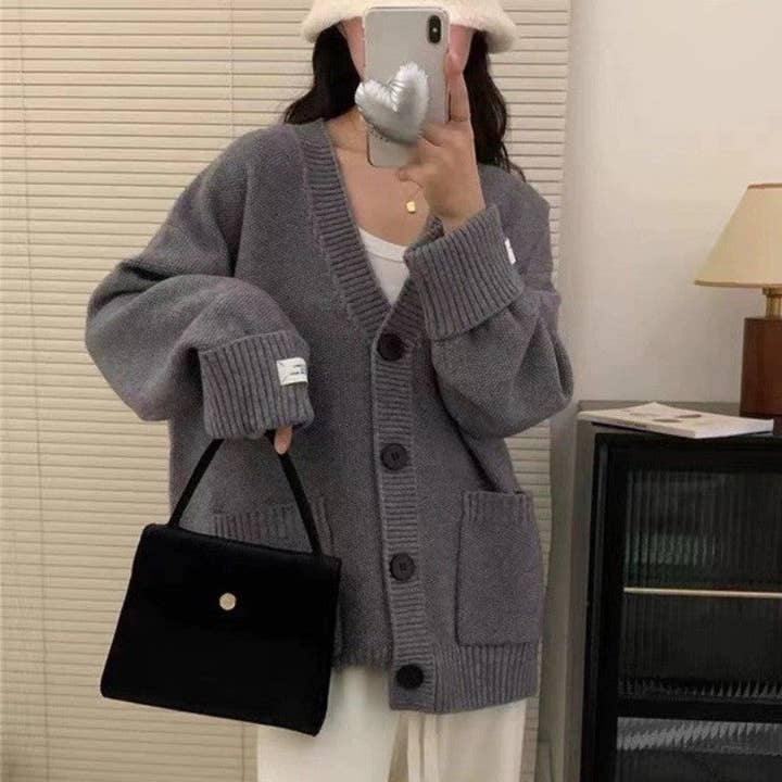 UZ Wholesale Store - Wholesale Cardigan - Women's - Vintage Loose Fit Rolled Sleeve Patch Pocket Cardigan Sweater