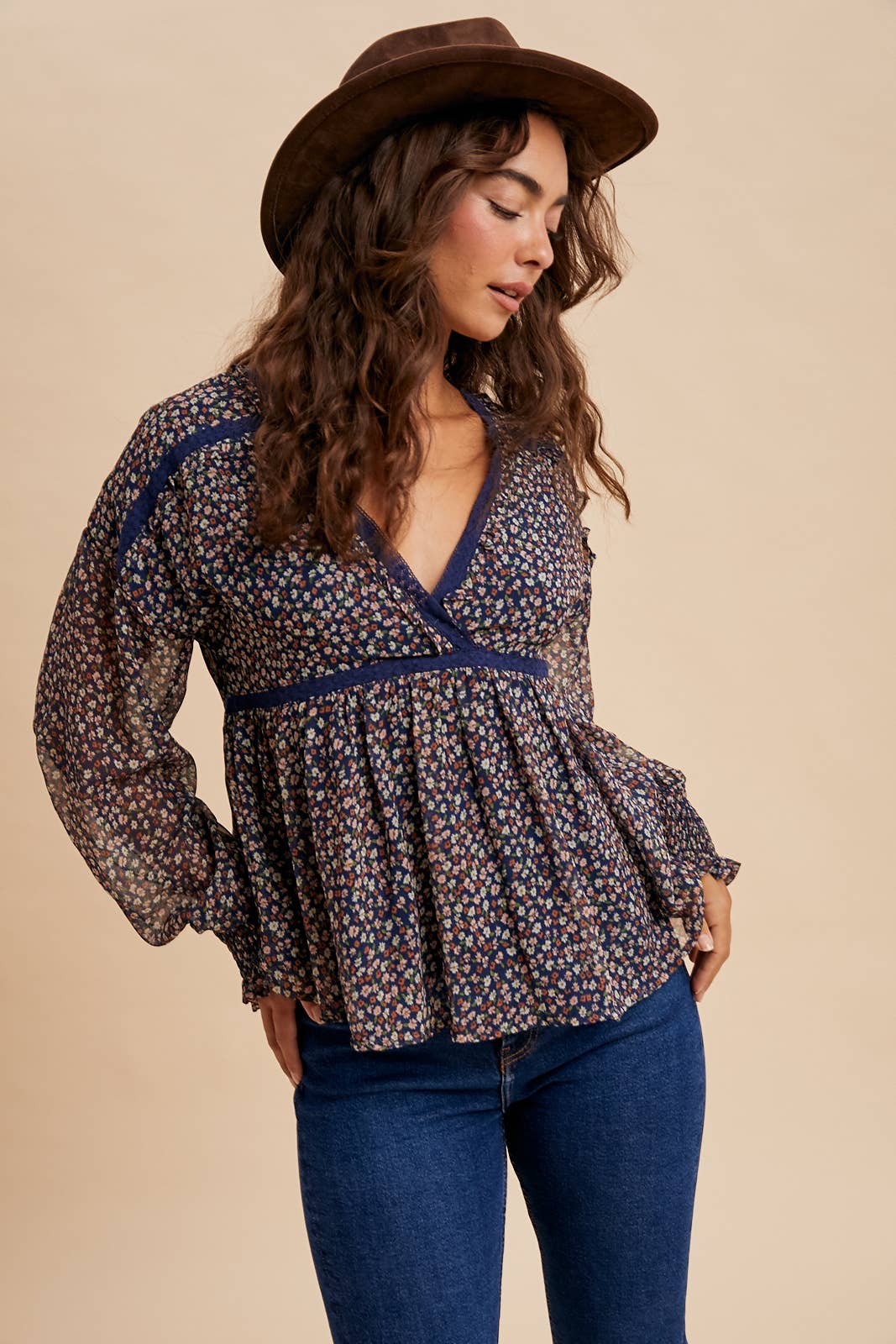 In Loom - Wholesale Blouse - Women's - LACE INSET FLORAL CHIFFON V NECK BLOUSE6