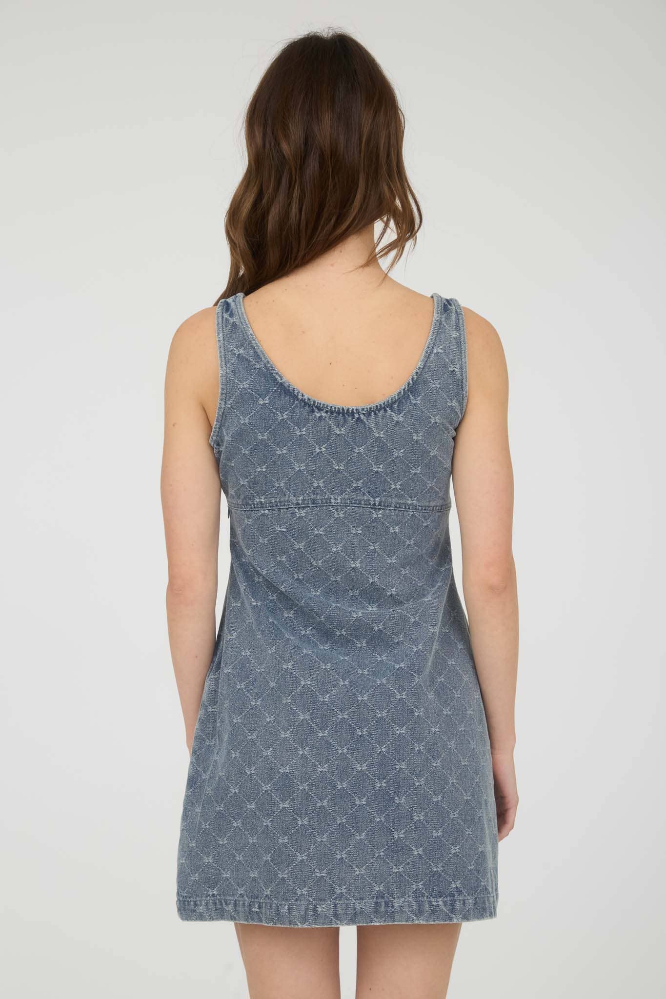 BOW PATTERN SLEEVELESS DENIM MINI DRESS for wholesale on Faire1