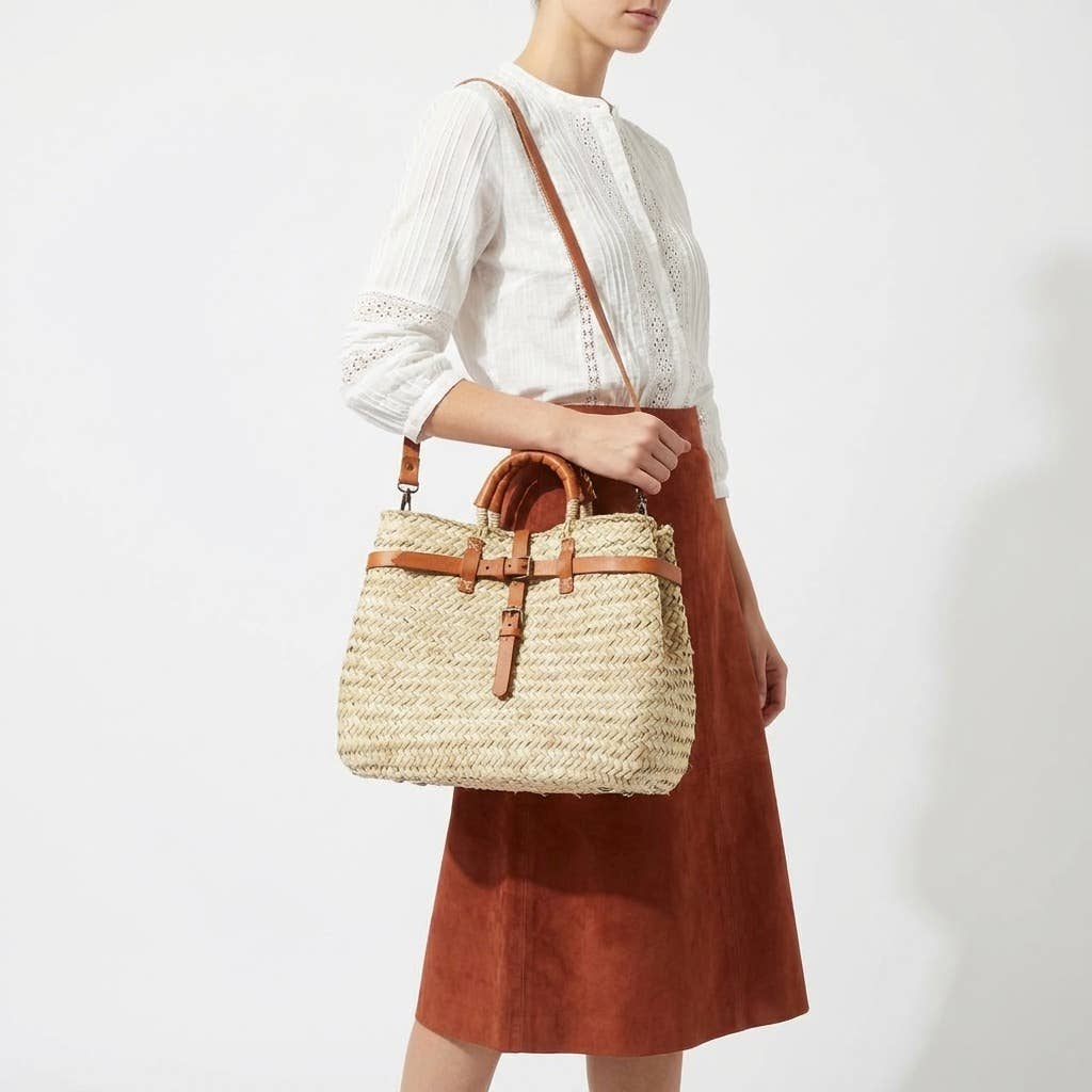 Melecraft - Wholesale Tote Bag - Women's - Woven Straw Market Basket Bag Leather Crossbody Tote1