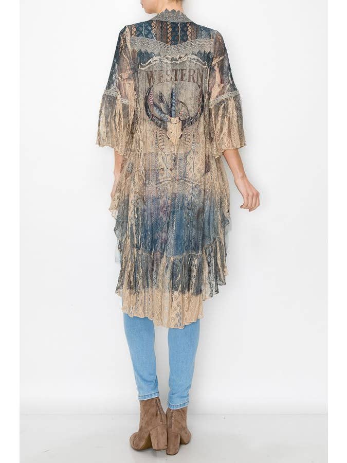 Western Ethereal Lace Tiered High-Low Kimono Cardigan - 4508 TAUPE/WESTERN for wholesale on Faire5