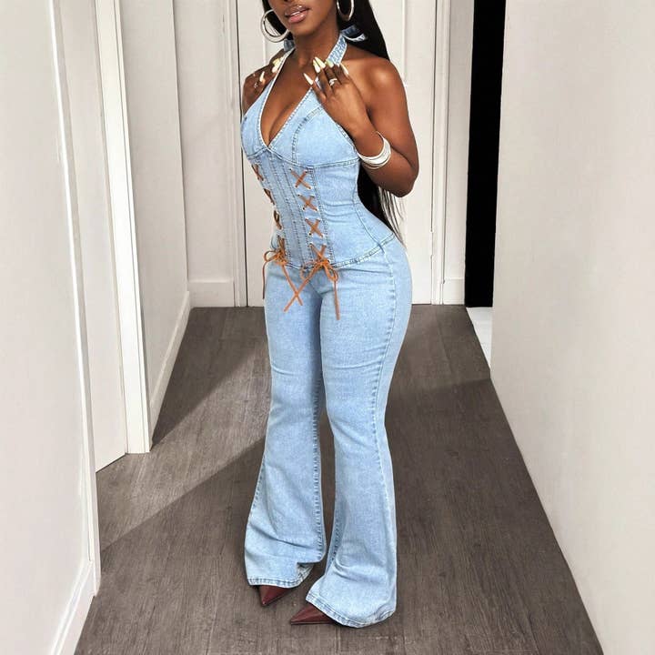 Blue Elara Halter Tight Waist Slim Medium Elastic Washing for wholesale on Faire2