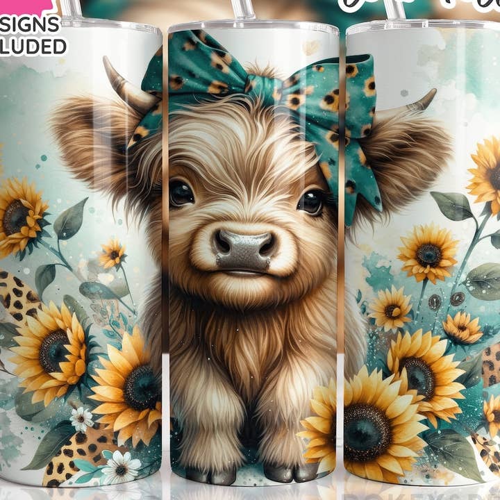 Teal Highland Cow Becher, dünner Becher, 20 Unzen, Sonnenblumen für den Großhandel von Dm Crafting