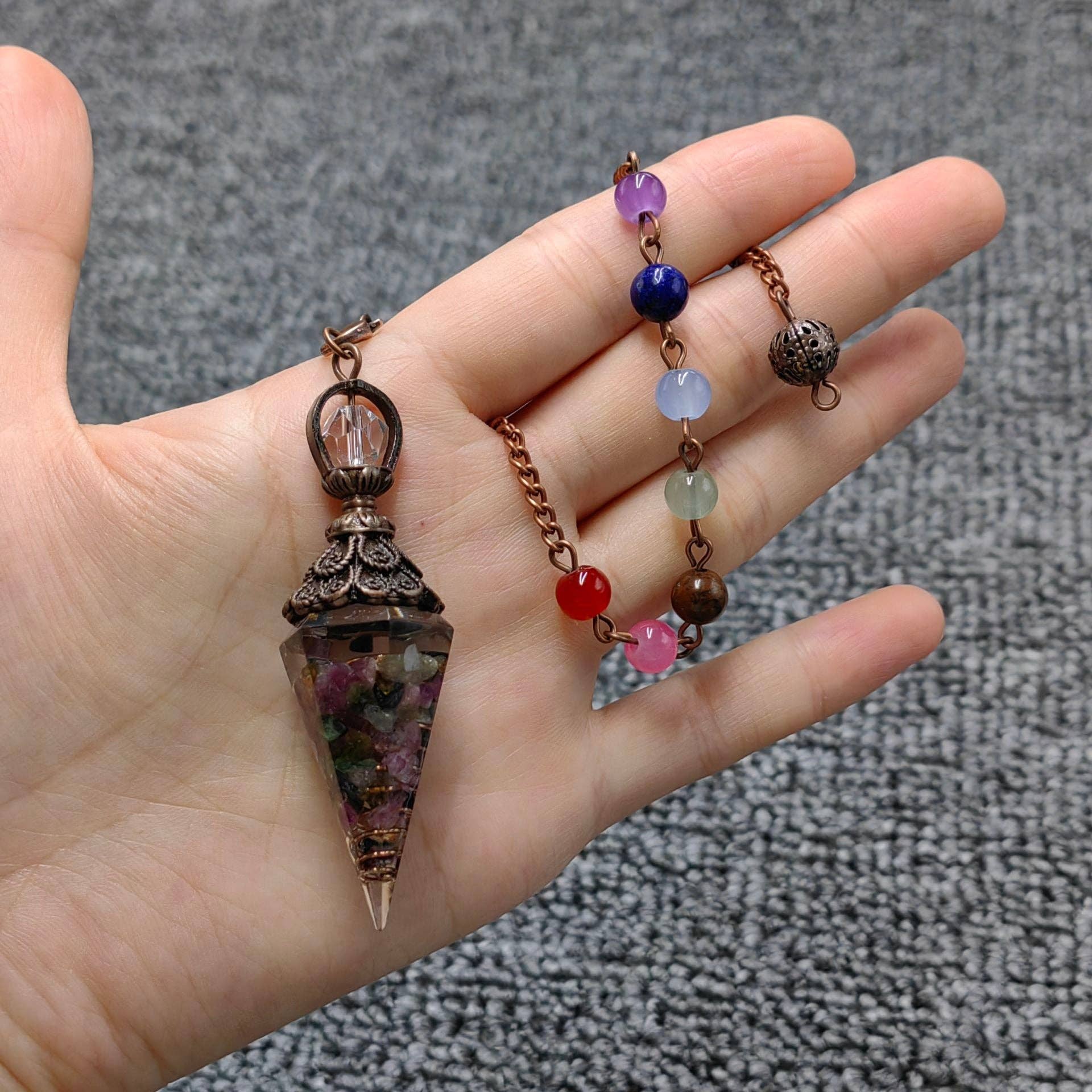 Mio Queena - Wholesale Spiritual Stone/Crystal - Hexagonal Cone Stone Pendulum with Chakra Chain - CS30