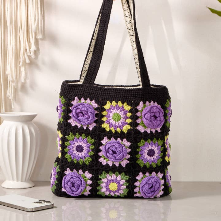 Bolsa de ganchillo cuadrada colorida hecha a mano con forma de abuelita, color peonía para venta al por mayor de Sparkle Being