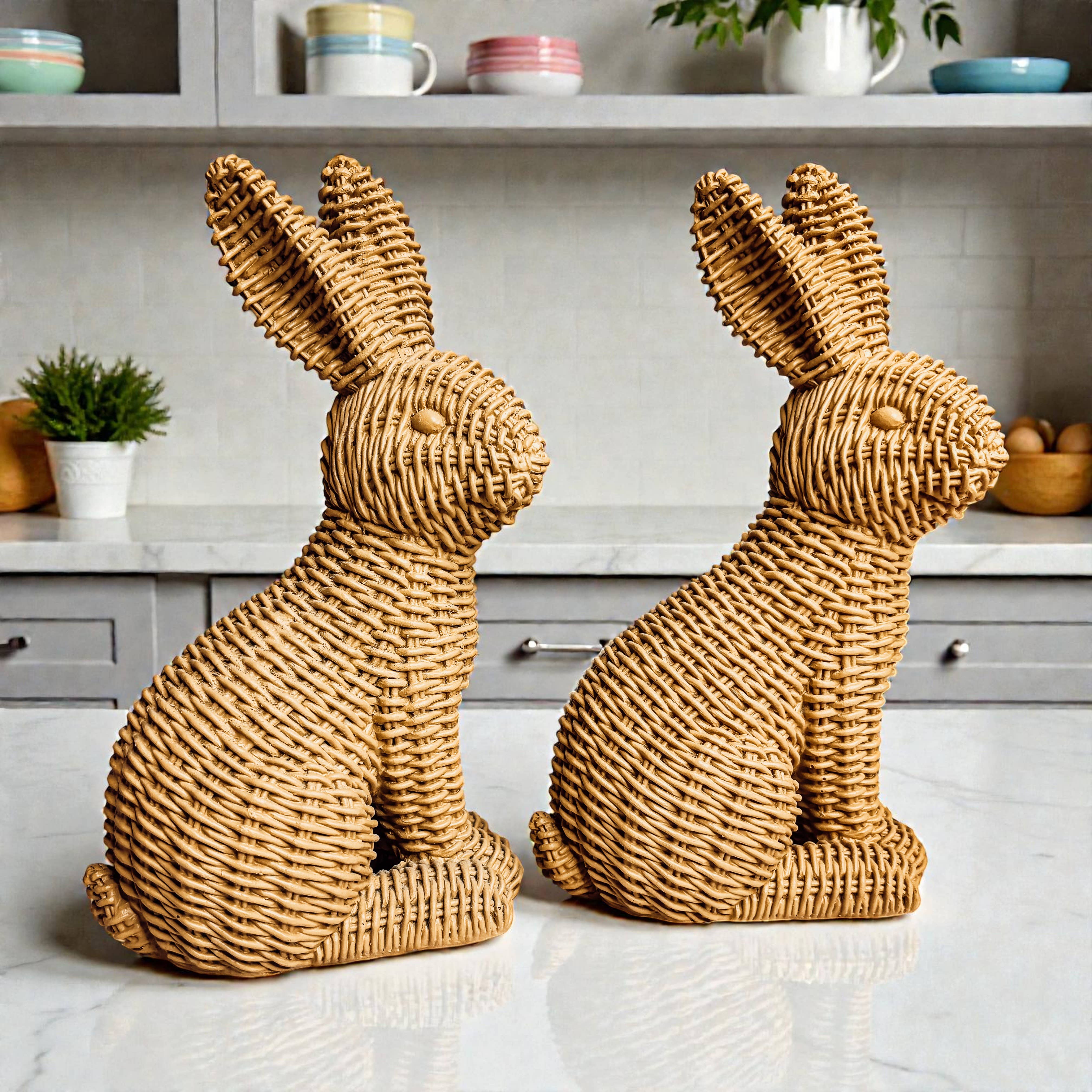 Gia Roma - Wholesale Sculpture - Easter Farmhouse Home Decor, Resin Bunny Figurine Rattan 33