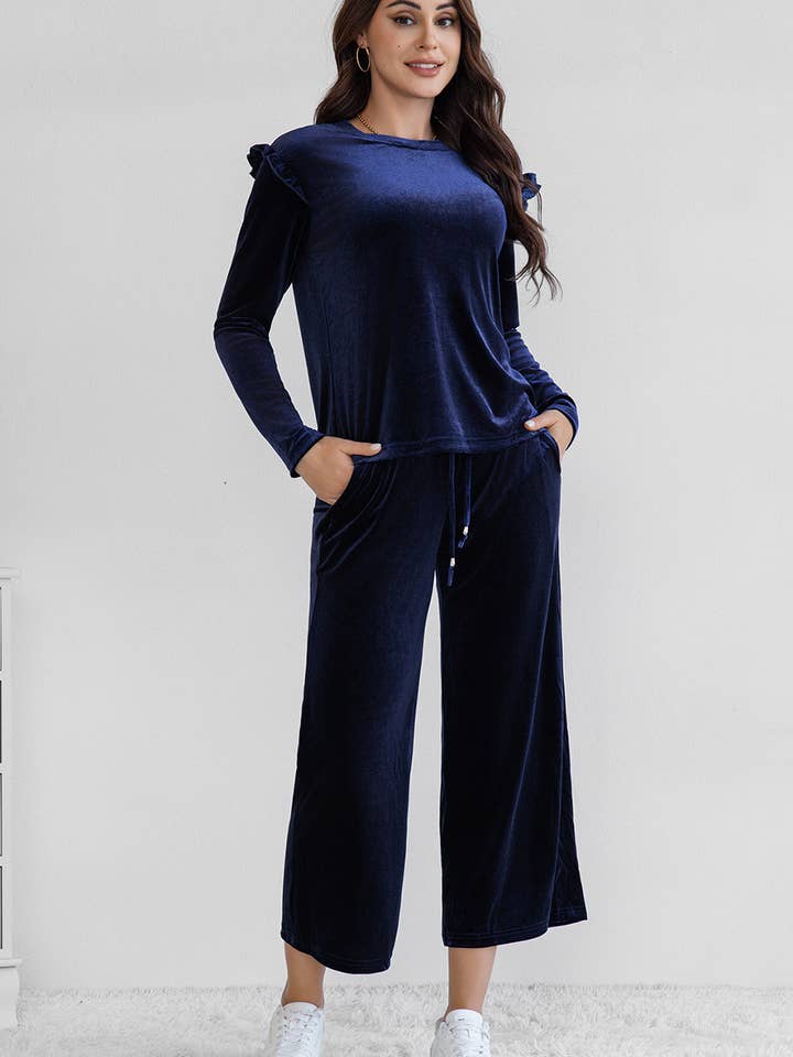 Solid Velvet Long Sleeve Top and High Waist Pants Set for wholesale by LA Society