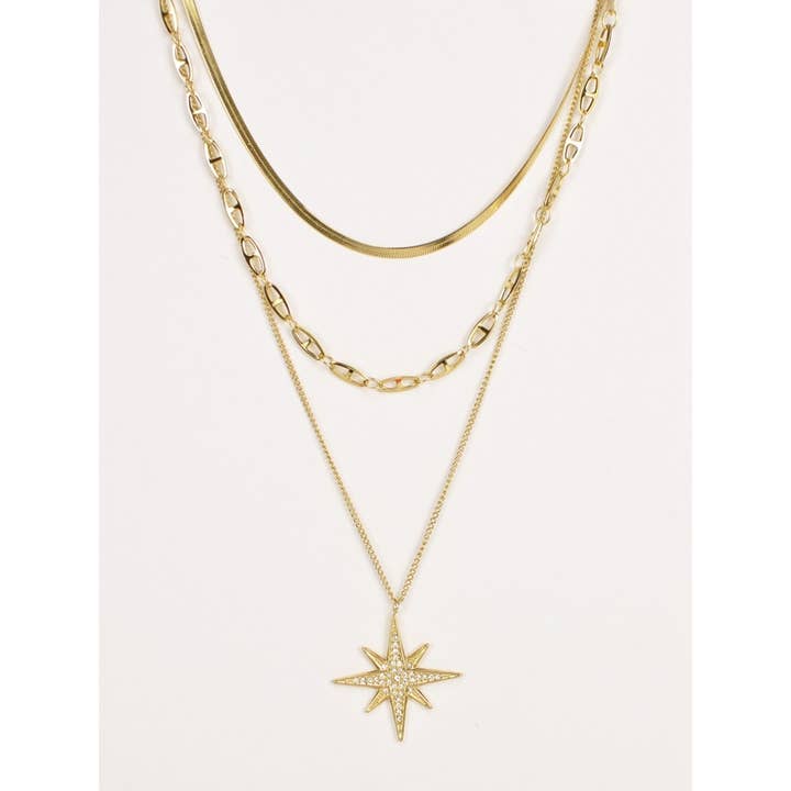 Victoria Moda – Colar pingente/pendente por atacado – Colar North Star com tripla corrente em aço inoxidável