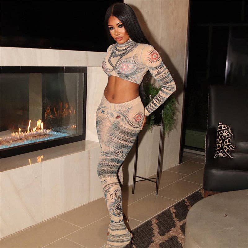 KHAKI MB FASHION TATTOO MESH CROP TOP LEGGING 2 PCS SET 1304LY for wholesale on Faire2