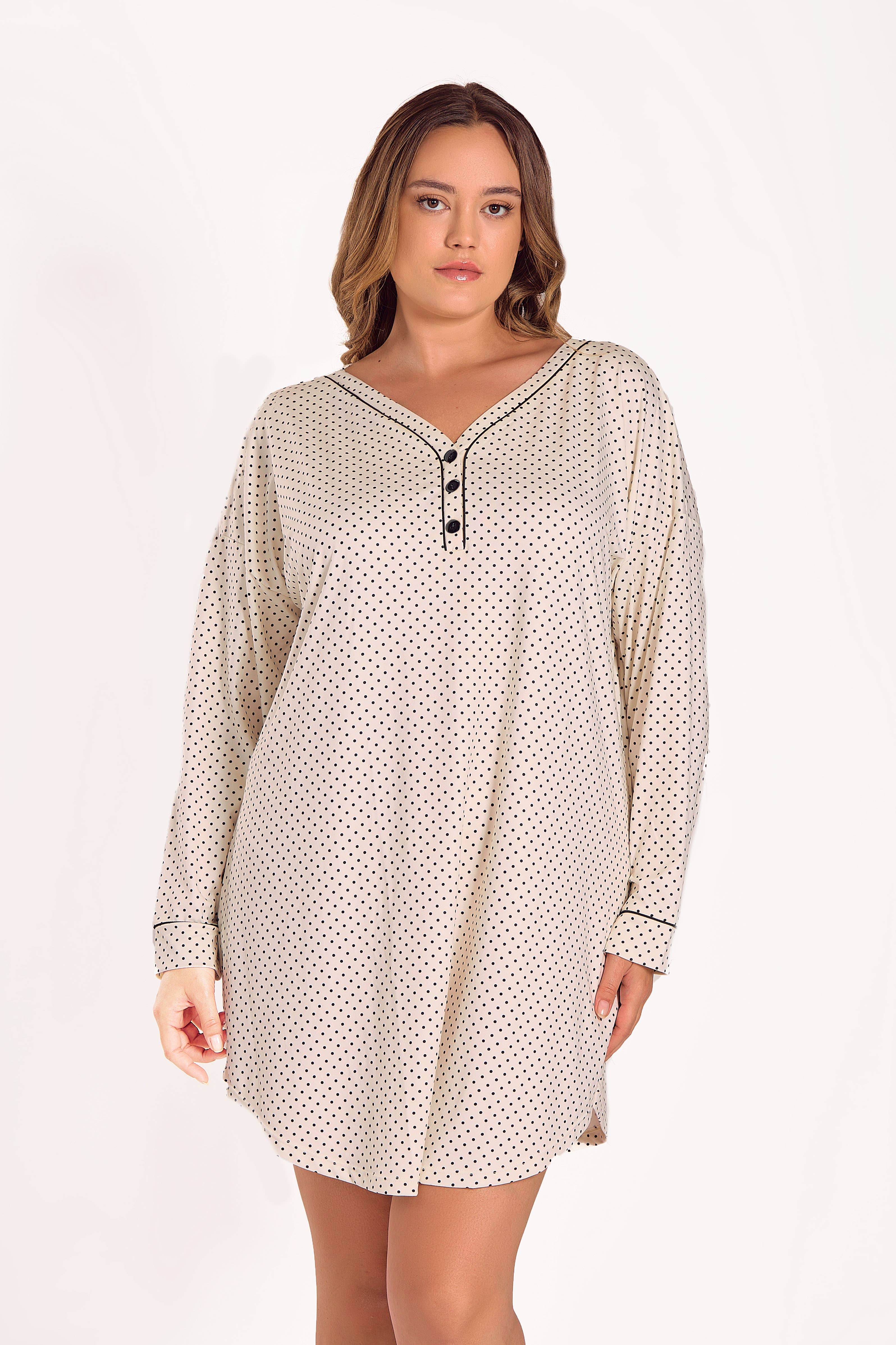 iCollection - Wholesale Nightgown - Women's - Calise Plus Size Stretch-Knit Black L/S Sleep Shirt-Dress4