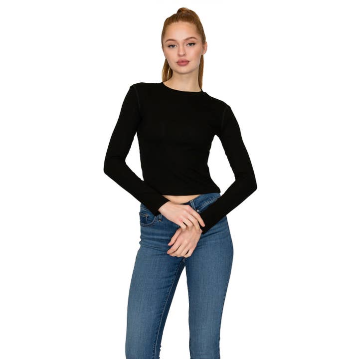 Mikro Rib Långärmad Tröja med Rund Hals för wholesale av Leggings Depot