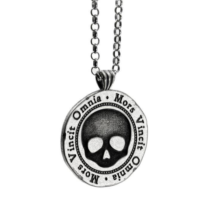 Skull Coin Pendant - Gothic Necklace - Memento Mori - Silver for wholesale by Black Feather Design