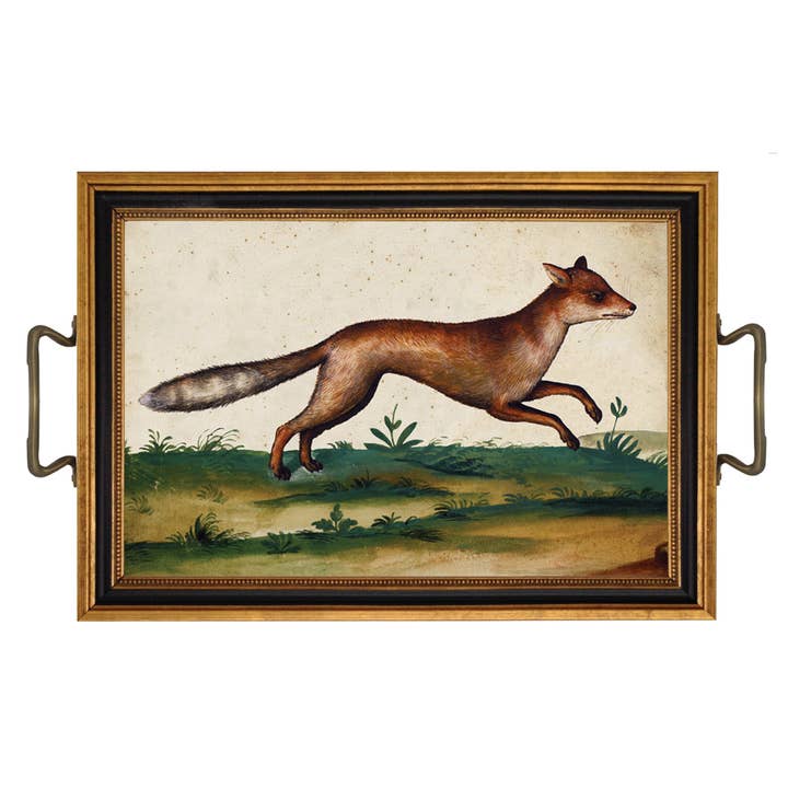 Madison Bay Co. - Historical Home Decor Reproductions - Wholesale Serving Tray - Water Colored Fox Print Tray with Glass and Brass Handles