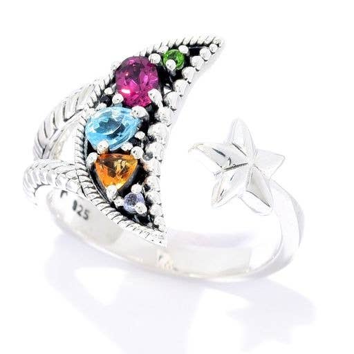 Bague croissant de lune et étoile SS Multi Gemmes pour la vente par Eli Pebble