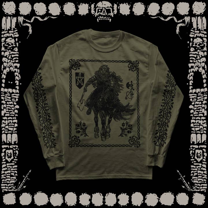 "GAWAIN & THE GREEN KNIGHT" GREEN LONG SLEEVE TEE for wholesale by Horrid Realm