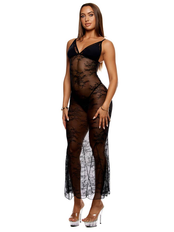 Negro Conjunto de lencería con camisón de encaje Take It Easy Lounge, color negro de venta al por mayor en Faire