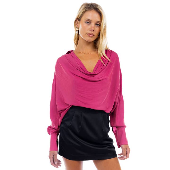 Naked Zebra - Wholesale Blouse - Women's - Draped Cowl Neck Blouse With Buttoned Cuffs4