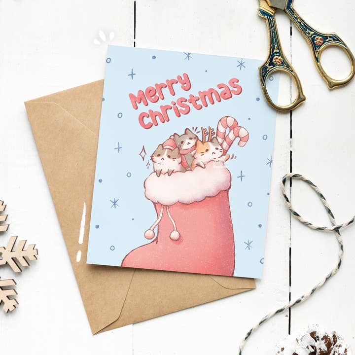 Cute Cat Christmas Card Kawaii Illustration Xmas Stocking Greeting Card Winter Holiday Kitty Card Set of 8 Cat Lover Gift for wholesale by jChan Designer