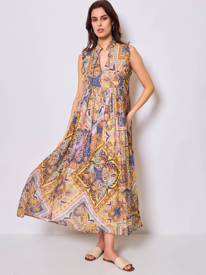 Vestido largo estampado con cuello en V para venta al por mayor de SUNNY STUDIO