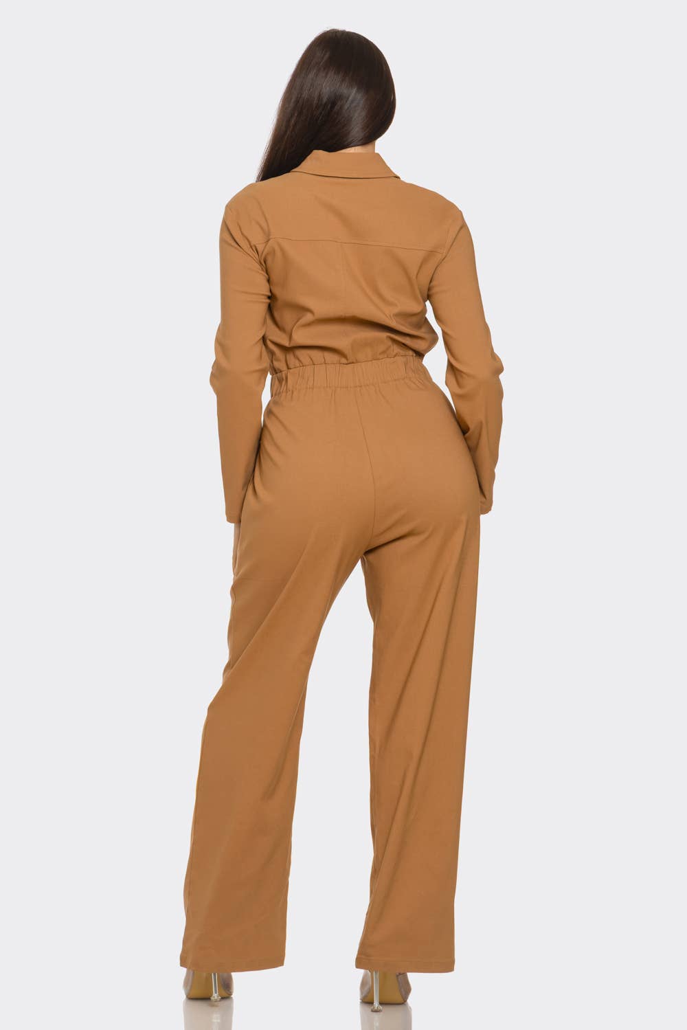 Camel Front Zipper Detail Elastic Waistband Jumpsuit for wholesale on Faire3