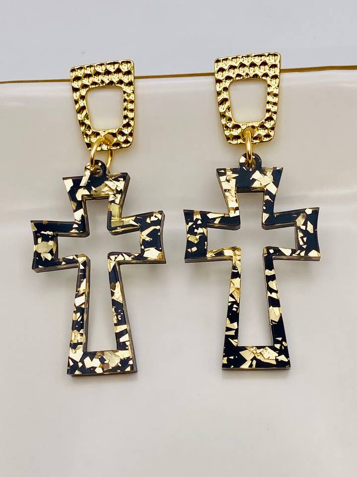 Crucifix Black and Gold Cross Acrylic Earring for wholesale by Sandy Lou Designs